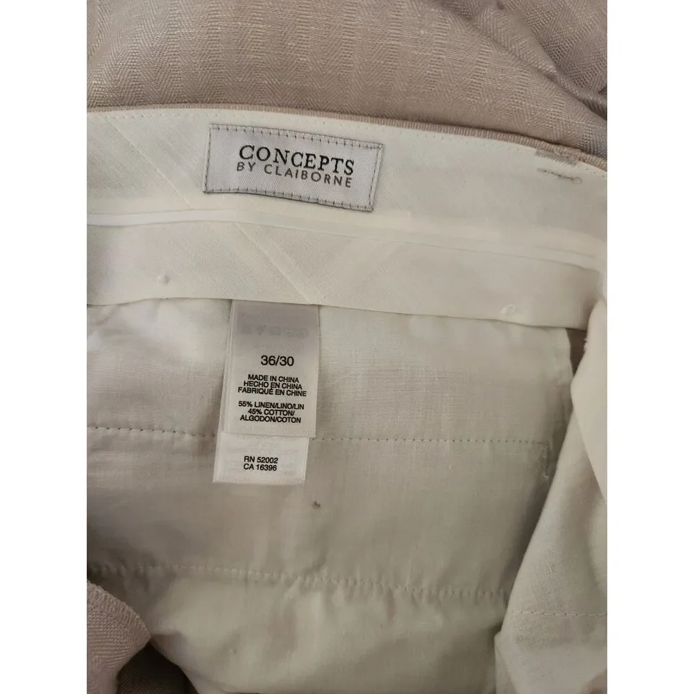NWT Concepts by Claiborne Men's Beige Linen Dress Pants Flat Front 36W x 30L